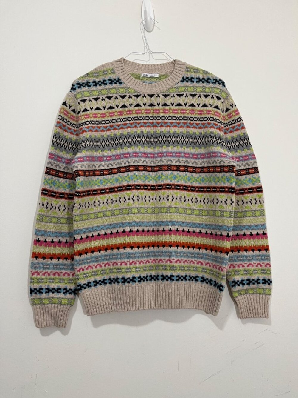 Zara Mens Multicolored Wool Blend Geometric Jacquard Sweater Size L Preppy Retro